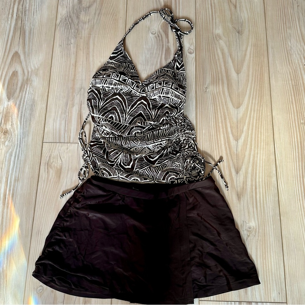 Dark Brown and White Halter Tankini with Dark Brown Swim Skirt